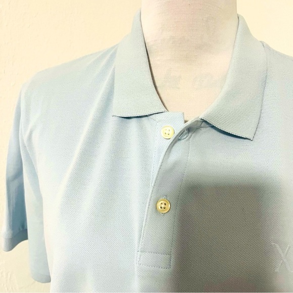 Men’ Express Medium X-Logo Perfect Pima Cotton Pique Polo Blue Fog Business NWOT - Picture 4 of 8